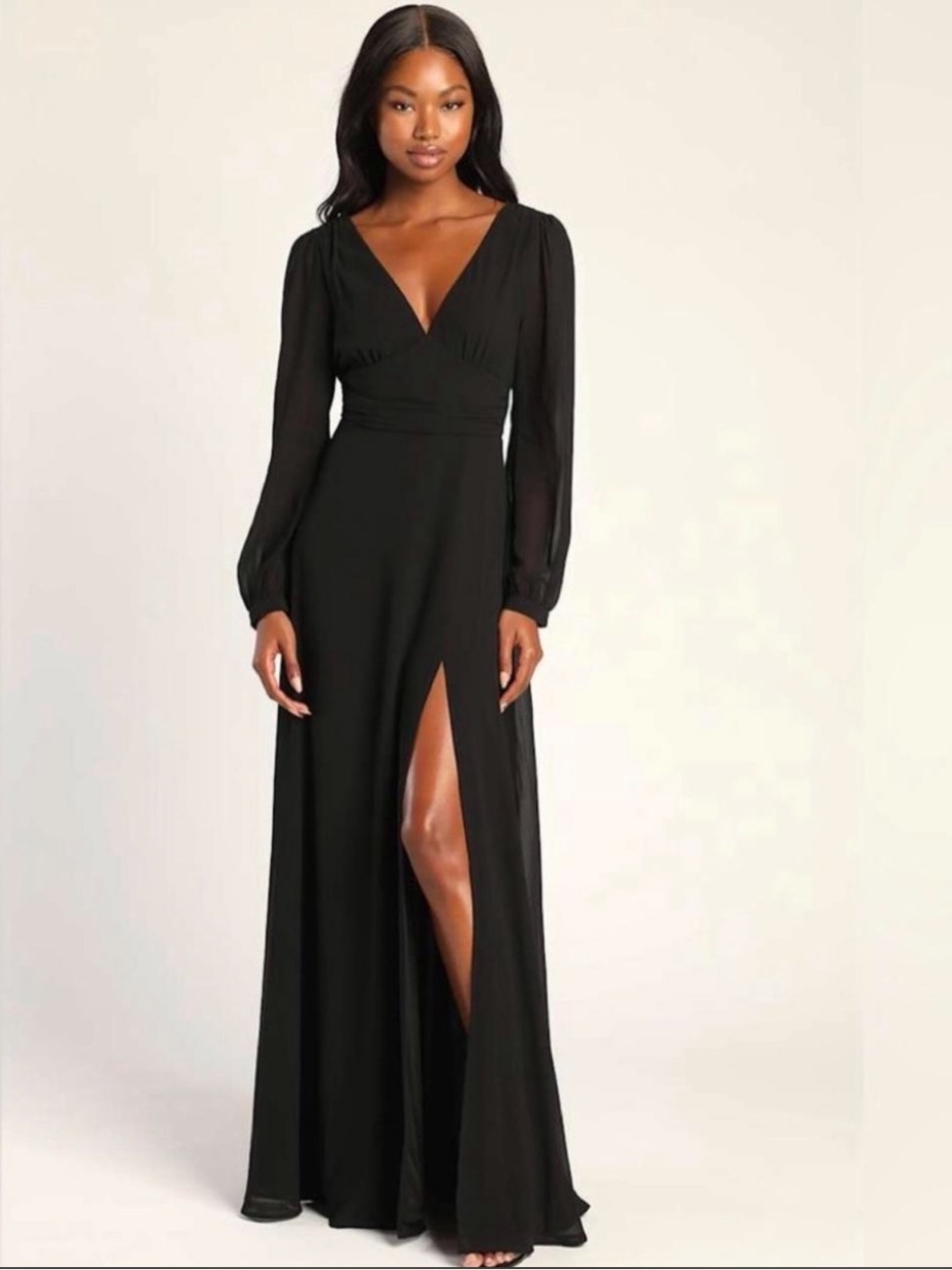 Lulu's Black V-Neck Long Sleeve Maxi Dress with Thigh Slit
